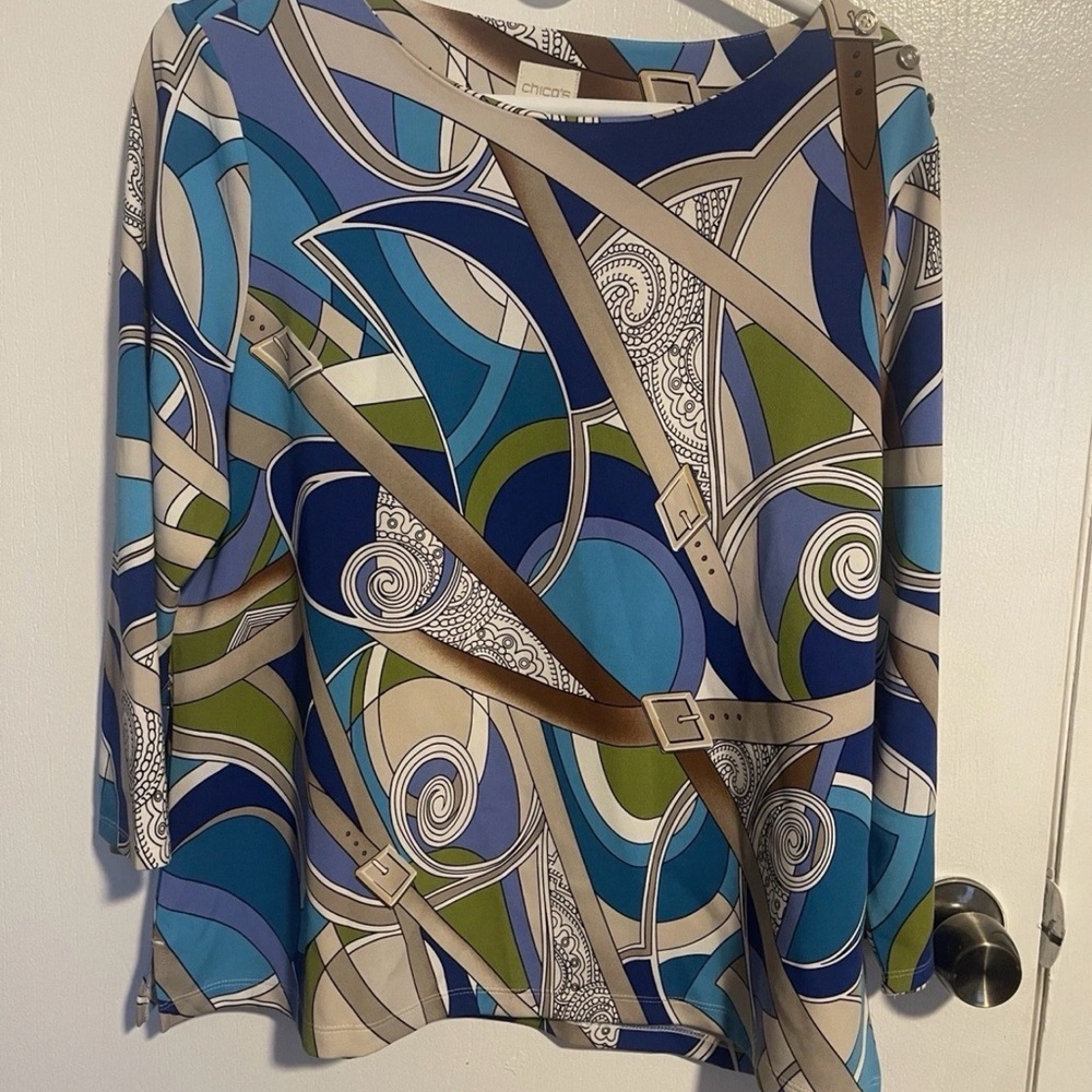 Chico's Women's Top Size 2 belt pattern long sleeve shirt-blue,cream,green
